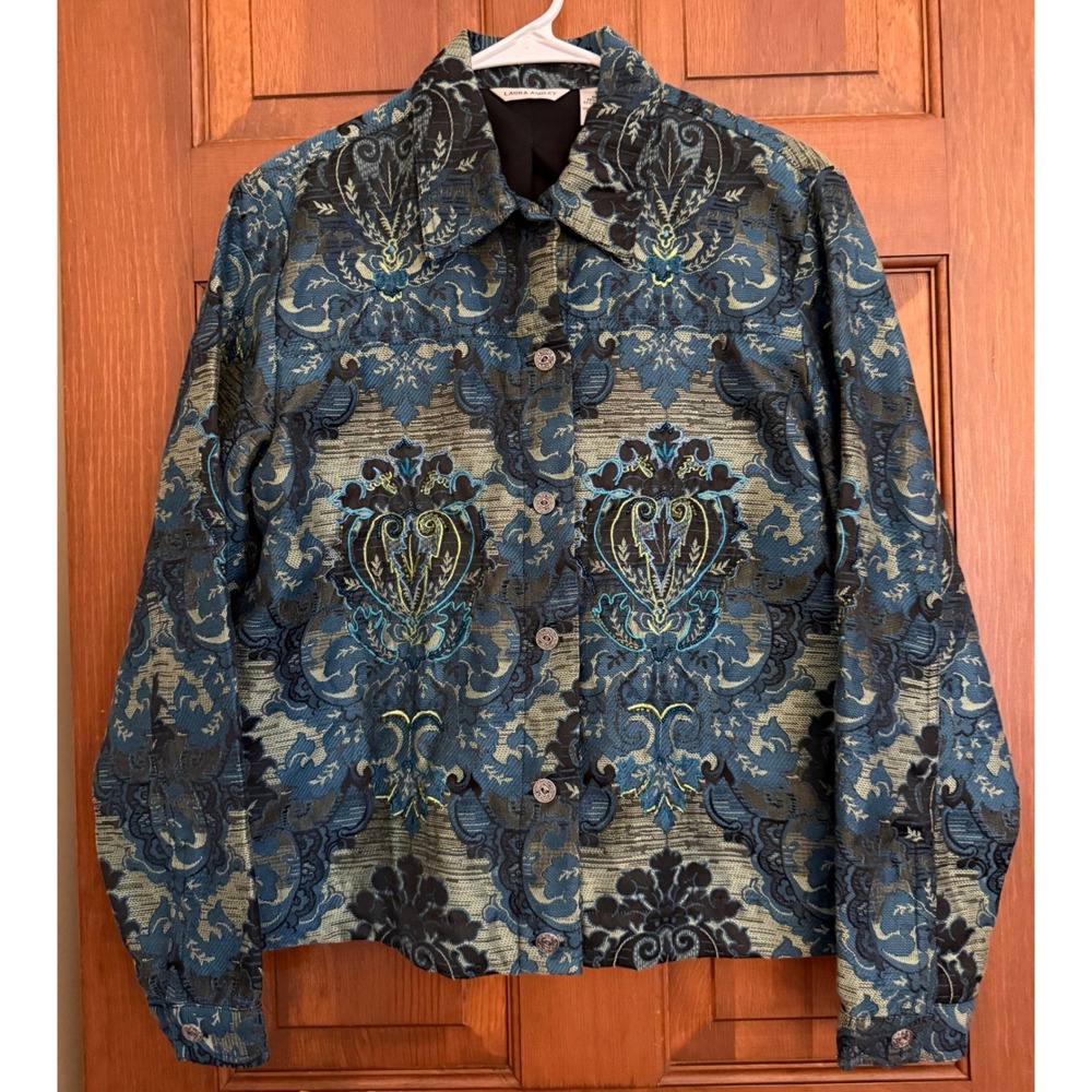 Laura Ashley Brocade Jacket Blazer Womens Medium Teal‎ Tapestry Button Down